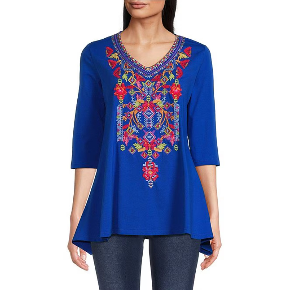 New Calessa Boho Southwestern Embroidered A-Line Tunic Top Shirt Size Medium
